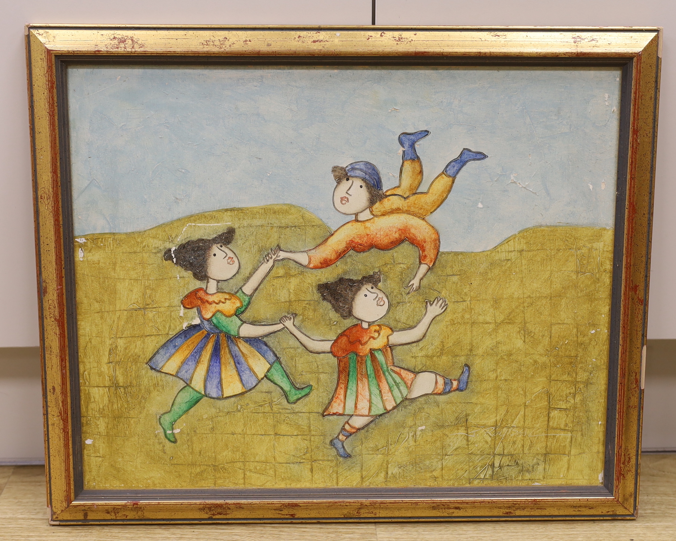 Joyce Roybal (b.1955), oil on board, Three children playing, signed, 40 x 50cm